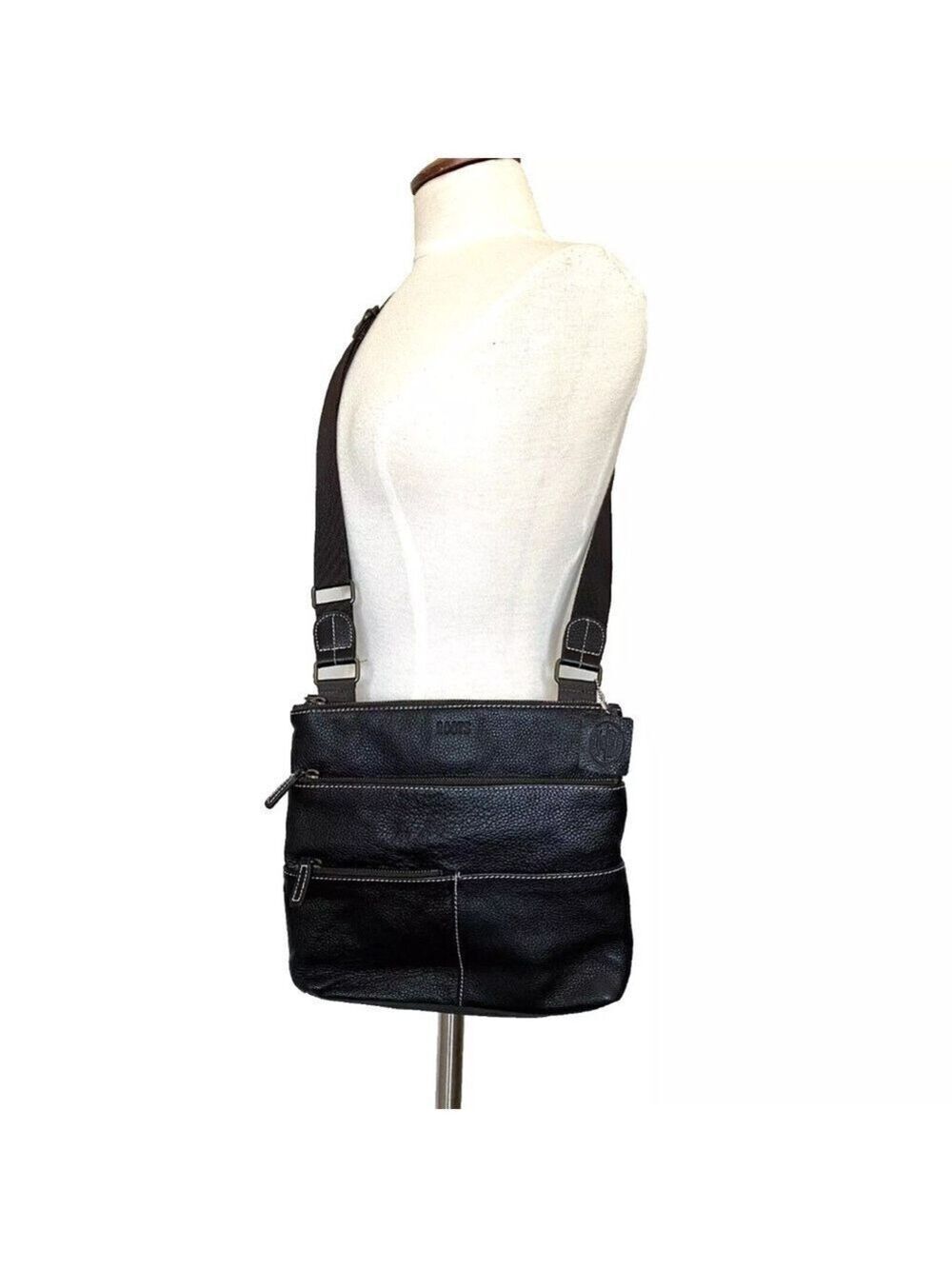Roots Dark Brown Pebble Leather Crossbody Messenger Bag Purse Canvas Back